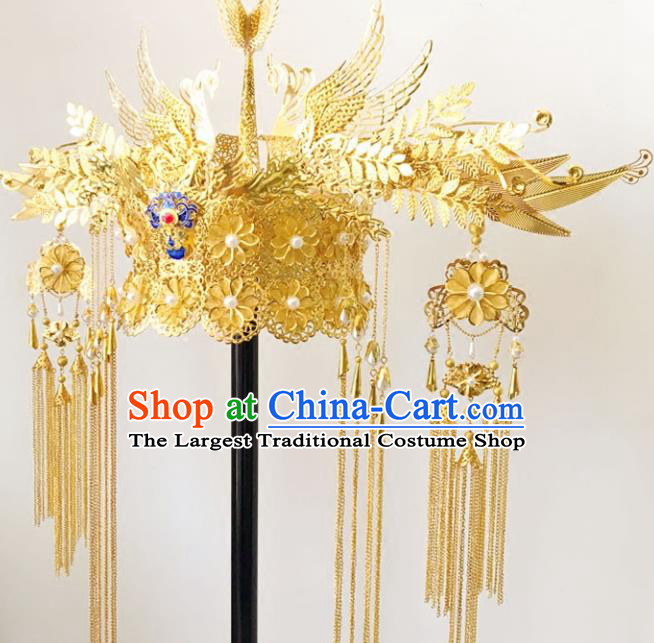 Chinese Ancient Ming Dynasty Golden Phoenix Coronet Hairpins Traditional Hanfu Court Princess Hair Accessories for Women