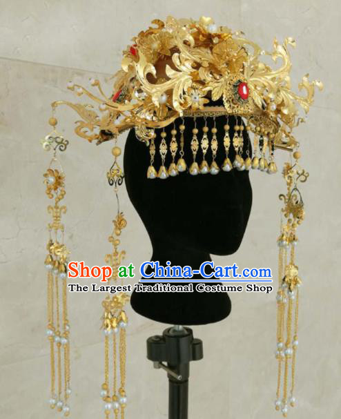 Chinese Ancient Bride Golden Phoenix Coronet Hairpins Traditional Hanfu Court Princess Hair Accessories for Women