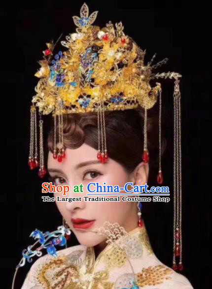 Chinese Ancient Bride Cloisonne Phoenix Coronet Hairpins Traditional Hanfu Court Princess Hair Accessories for Women