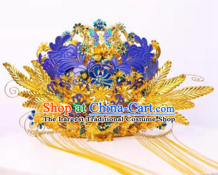 Chinese Ancient Bride Cloisonne Butterfly Phoenix Coronet Hairpins Traditional Hanfu Court Princess Hair Accessories for Women