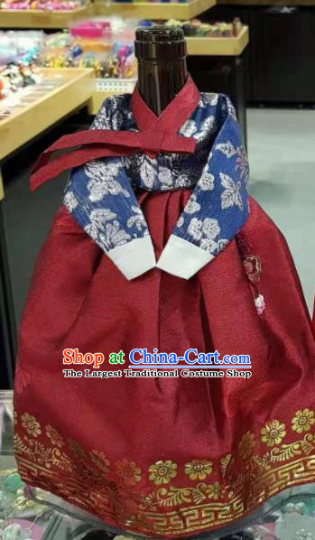 Traditional Korean Hanbok Clothing Navy Brocade Blouse and Red Dress Asian Korea Ancient Fashion Apparel Costume for Kids