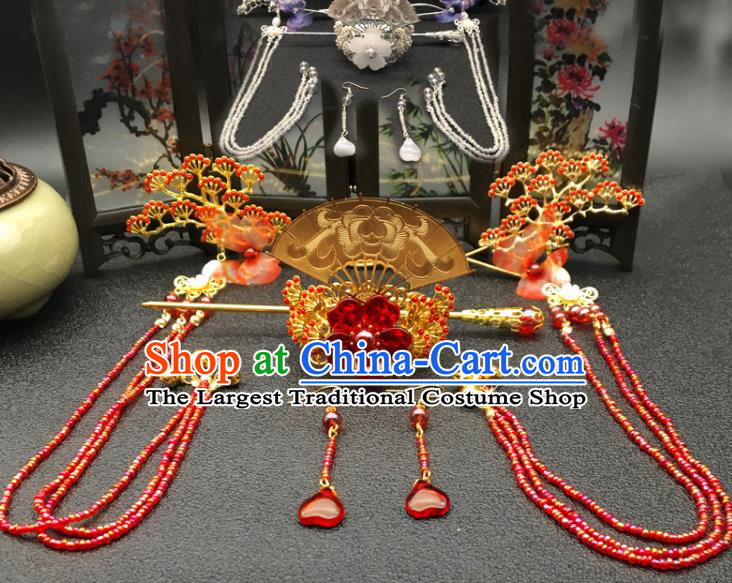 Chinese Ancient Ming Dynasty Princess Red Pine Hair Crown Hairpins Traditional Hanfu Court Hair Accessories for Women