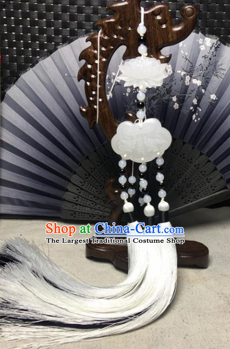 Traditional Chinese Hanfu Jade Carving Lotus Waist Accessories Palace White Tassel Pendant Ancient Swordsman Brooch
