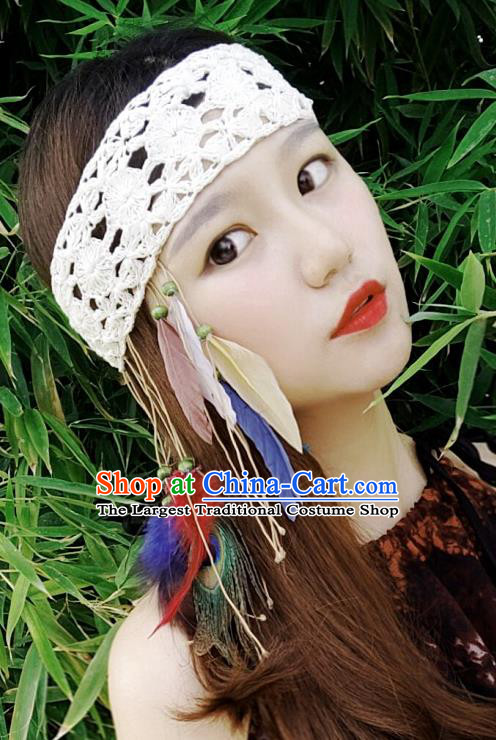 Chinese Traditional Ethnic White Wool Knitting Headband National Handmade Feather Hair Clasp for Women