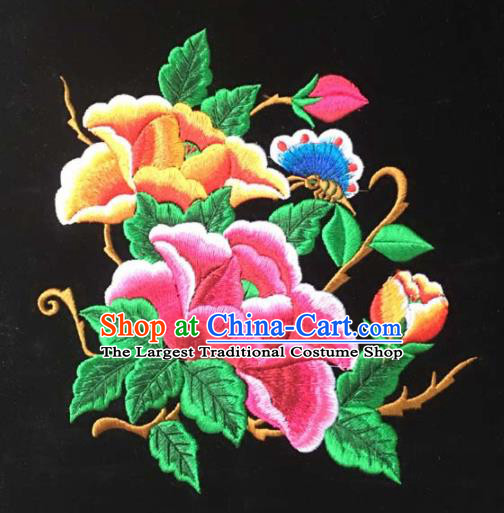 Chinese Traditional Embroidery Cloth Accessories National Embroidered Peony Butterfly Black Dress Patch