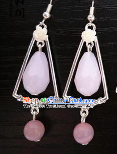 Chinese Traditional Hanfu Court Ear Accessories Ancient Princess Pink Stone Earrings for Women