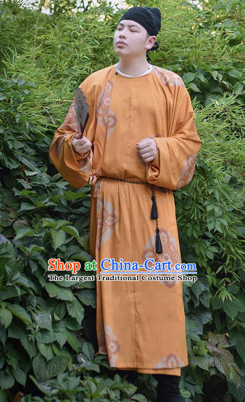 Traditional Chinese Tang Dynasty Imperial Bodyguard Merchant Replica Costumes Ancient Civilian Orange Robe for Men