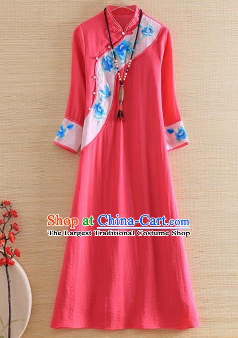 Chinese Traditional Tang Suit Embroidered Peony Peach Pink Cheongsam National Costume Qipao Dress for Women