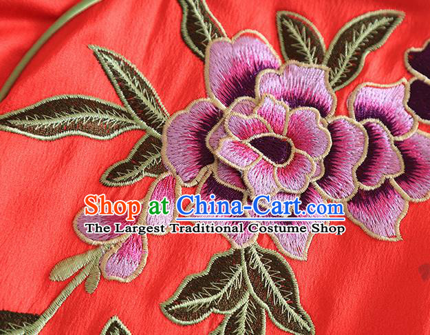 Chinese Traditional Tang Suit Embroidered Peony Red Cheongsam National Costume Qipao Dress for Women