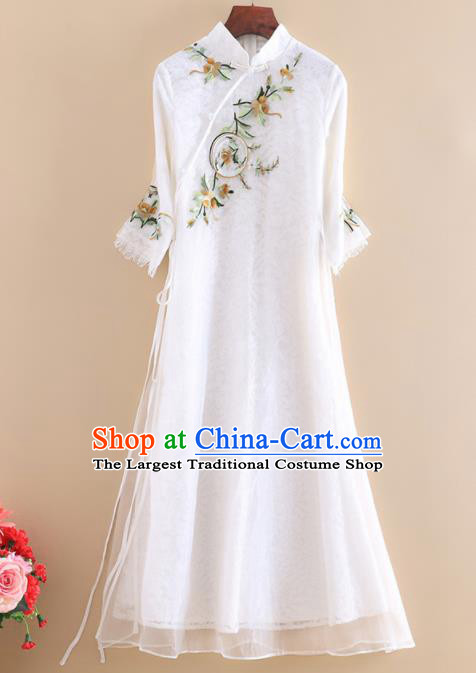 Chinese Traditional Tang Suit Embroidered White Organza Cheongsam National Costume Qipao Dress for Women