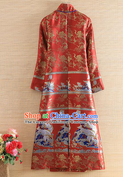 Chinese Traditional Tang Suit Red Brocade Cheongsam National Costume Qipao Dress for Women