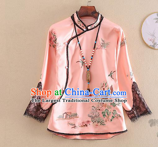 Chinese Traditional Tang Suit Embroidered Pink Shirt National Costume Qipao Upper Outer Garment for Women