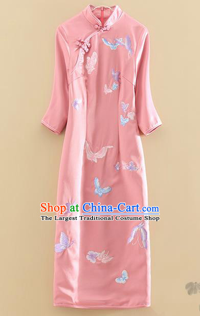 Chinese Traditional Tang Suit Embroidered Butterfly Pink Cheongsam National Costume Qipao Dress for Women