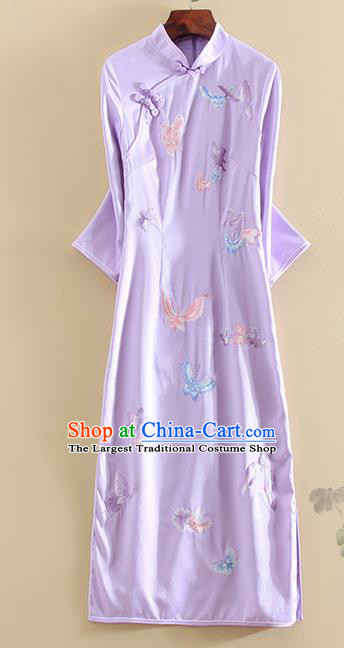 Chinese Traditional Tang Suit Embroidered Butterfly Purple Cheongsam National Costume Qipao Dress for Women