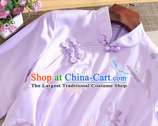 Chinese Traditional Tang Suit Embroidered Butterfly Purple Cheongsam National Costume Qipao Dress for Women