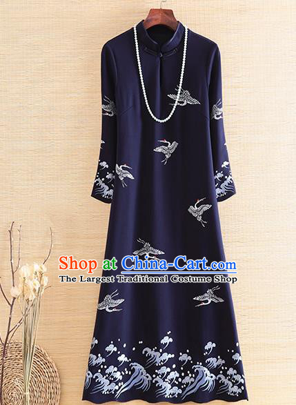 Chinese Traditional Navy Cheongsam National Costume Embroidered Qipao Dress for Women