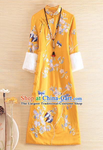 Chinese Traditional Winter Yellow Cheongsam National Costume Embroidered Qipao Dress for Women
