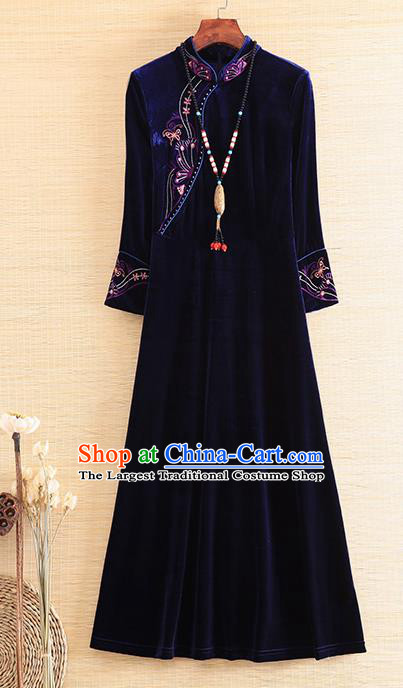Chinese Traditional Deep Blue Velvet Cheongsam National Costume Qipao Dress for Women