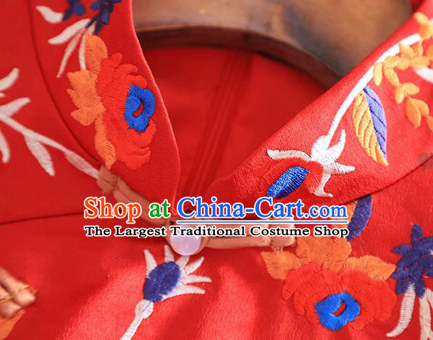 Chinese Traditional Embroidered Flowers Red Cheongsam National Costume Qipao Dress for Women