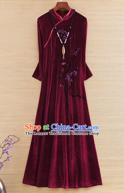 Chinese Traditional Wine Red Velvet Cheongsam National Costume Qipao Dress for Women