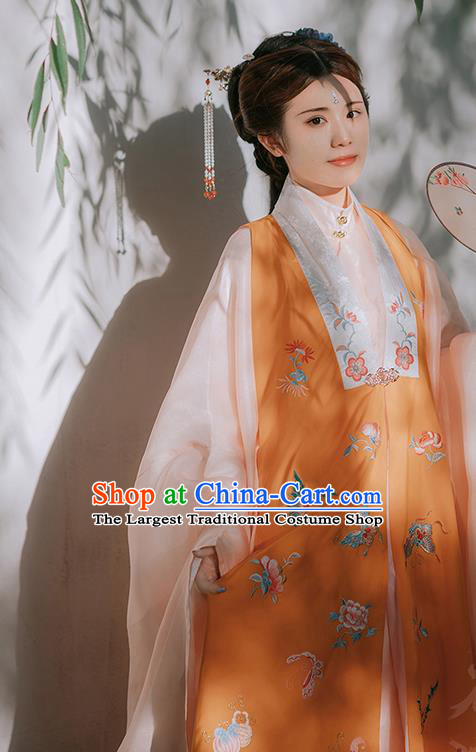 Traditional Chinese Ming Dynasty Historical Costumes Orange Vest Ancient Imperial Consort Hanfu Dress for Women