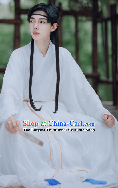 Traditional Chinese Ming Dynasty Taoist Priest White Robe Ancient Civilian Scholar Historical Costumes for Men