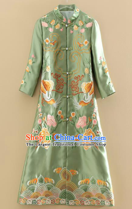 Chinese Traditional Tang Suit Embroidered Peony Crane Green Dust Coat National Costume Qipao Outer Garment for Women
