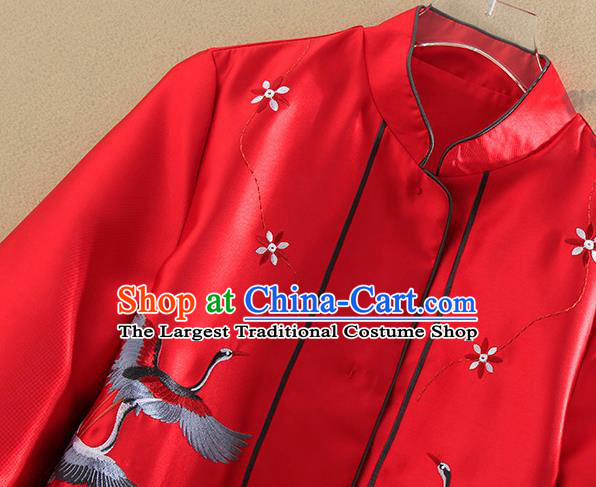 Chinese Traditional Tang Suit Embroidered Cranes Red Dust Coat National Costume Qipao Outer Garment for Women