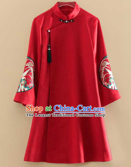Chinese Traditional Tang Suit Embroidered Red Cotton Wadded Jacket National Costume Qipao Upper Outer Garment for Women