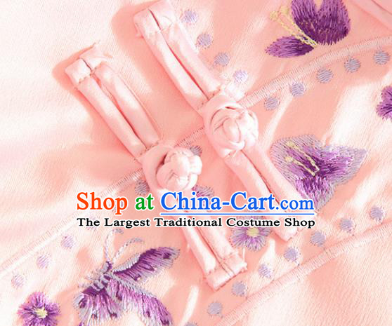Chinese Traditional Tang Suit Embroidered Butterfly Pink Cheongsam National Costume Qipao Dress for Women