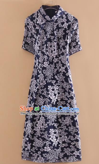 Chinese Traditional Tang Suit Printing Navy Cheongsam National Costume Qipao Dress for Women
