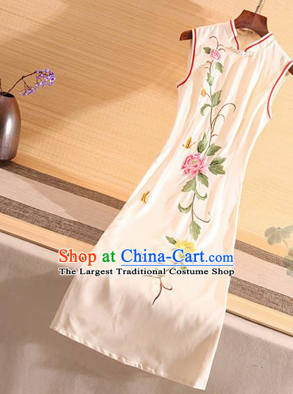 Chinese Traditional Tang Suit Embroidered Peony White Silk Cheongsam National Costume Qipao Dress for Women