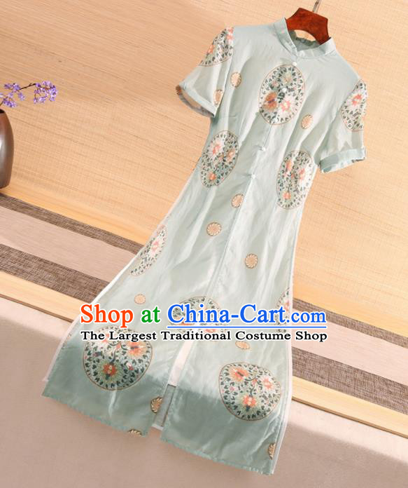 Chinese Traditional Tang Suit Embroidered Light Green Silk Cheongsam National Costume Qipao Dress for Women