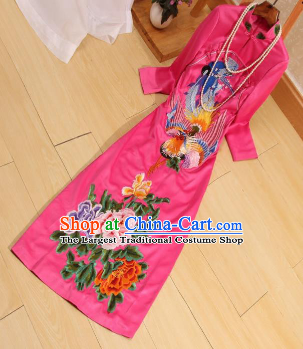 Traditional Chinese National Embroidered Phoenix Peony Rosy Qipao Dress Tang Suit Cheongsam Costume for Women