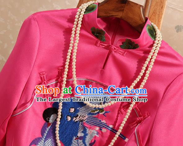 Traditional Chinese National Embroidered Phoenix Peony Rosy Qipao Dress Tang Suit Cheongsam Costume for Women
