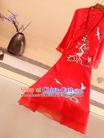 Traditional Chinese National Embroidered Pine Cranes Red Qipao Dress Tang Suit Cheongsam Costume for Women