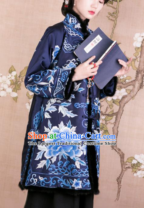 Chinese Traditional Tang Suit Royalblue Cotton Wadded Jacket National Costume Republic of China Qipao Upper Outer Garment for Women