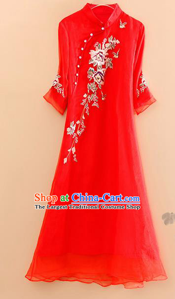 Traditional Chinese National Embroidered Peony Red Qipao Dress Tang Suit Cheongsam Costume for Women