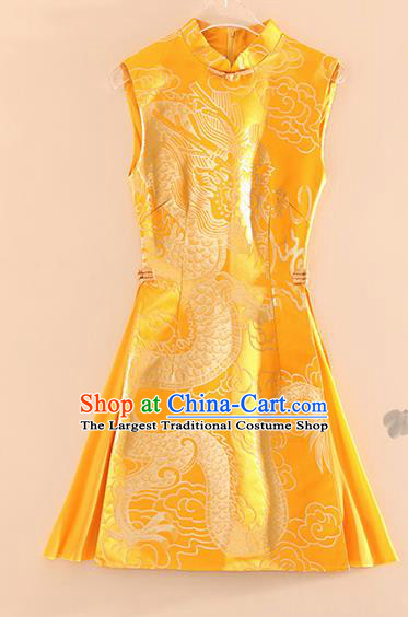 Chinese Traditional Tang Suit Golden Brocade Cheongsam National Costume Qipao Dress for Women