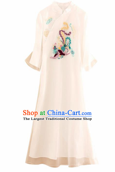 Traditional Chinese National Embroidered Phoenix White Qipao Dress Tang Suit Cheongsam Costume for Women