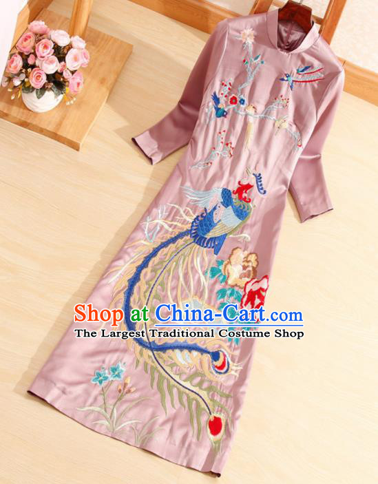 Traditional Chinese National Embroidered Phoenix Plum Pink Qipao Dress Tang Suit Cheongsam Costume for Women