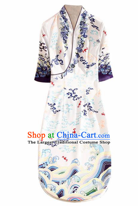 Traditional Chinese National Printing White Qipao Dress Tang Suit Cheongsam Costume for Women