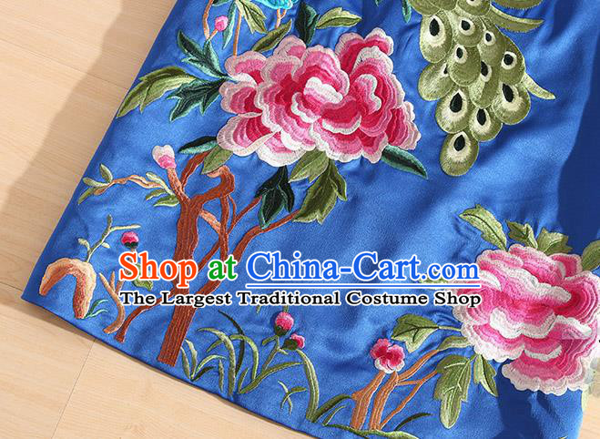 Traditional Chinese National Embroidered Peacock Peony Royalblue Qipao Dress Tang Suit Cheongsam Costume for Women