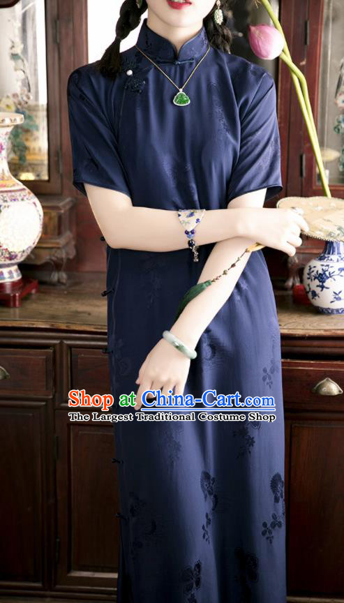 Traditional Chinese National Printing Navy Qipao Dress Tang Suit Cheongsam Costume for Women