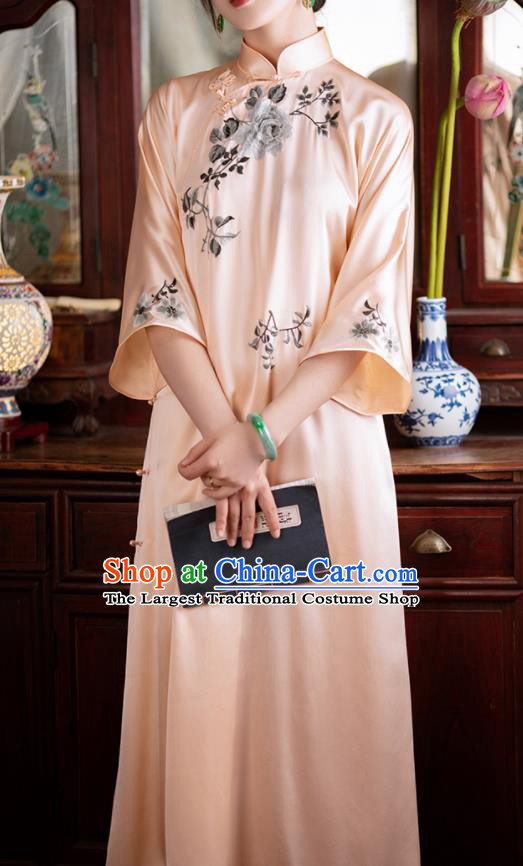 Traditional Chinese National Embroidered Peony Pink Silk Qipao Dress Tang Suit Cheongsam Costume for Women