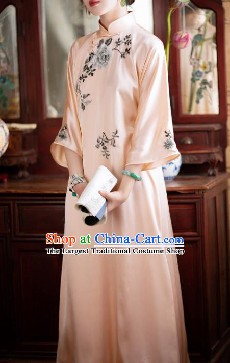 Traditional Chinese National Embroidered Peony Pink Silk Qipao Dress Tang Suit Cheongsam Costume for Women