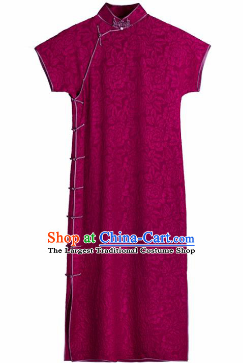 Traditional Chinese Wine Red Silk Qipao Dress National Tang Suit Cheongsam Costume for Women