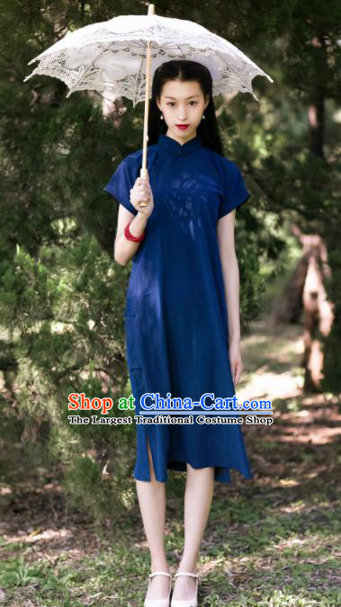 Traditional Chinese Deep Blue Silk Qipao Dress National Tang Suit Cheongsam Costume for Women