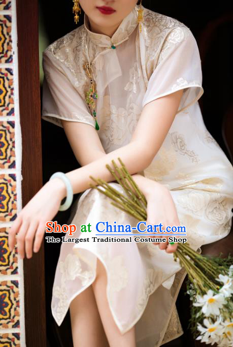 Traditional Chinese White Qipao Dress National Tang Suit Cheongsam Costume for Women