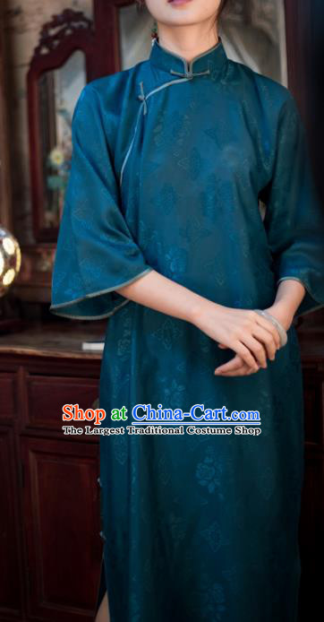 Traditional Chinese Peacock Blue Qipao Dress National Tang Suit Cheongsam Costume for Women